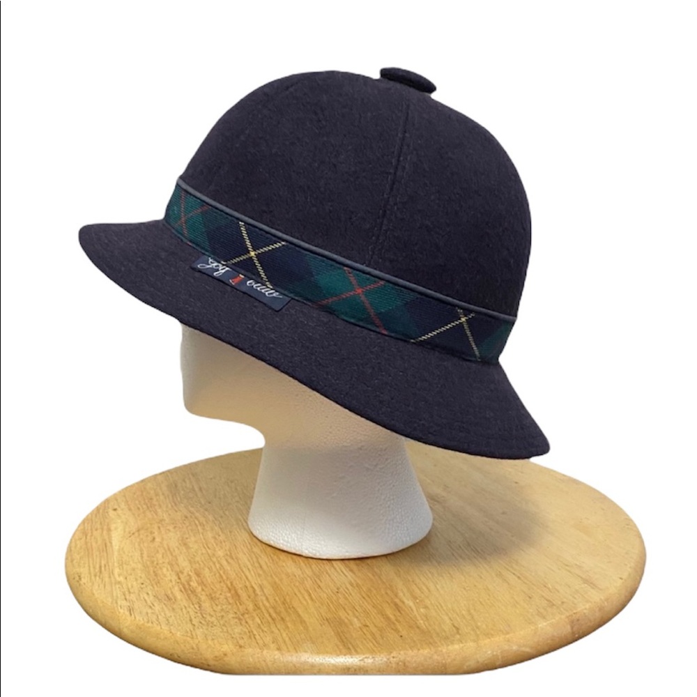 Navy Wool Felt Cloche Hat with Tartan Plaid Band